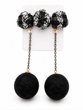 Black Pom Pom Drop Earrings Plaid Bow Chain Dangle Gothic Boho